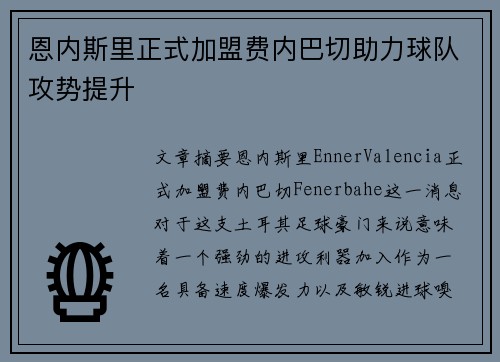 恩内斯里正式加盟费内巴切助力球队攻势提升