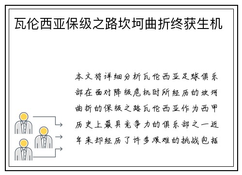 瓦伦西亚保级之路坎坷曲折终获生机 瓦伦西亚保级之路坎坷曲折终获生机